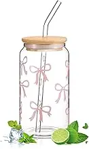 Connextion Bow Glass Mug 16 oz with Lid and Straw, Decorative Bow Design, Elegant Gift for Best Friend and Mothers, Versatile Drinking Glass for Coffee, Cocktails and More