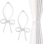 2pcs Bow Curtain Tiebacks, White Pearl Curtain Tiebacks Magnetic Curtain Tiebacks Elegant Curtain Holders Drapery Tiebacks for Home Hotel Curtain Accessory Decoration