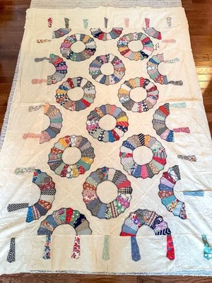 Vintage Dresden Plate Hand Sewn Handmade Unfinished Quilt Top 1945 Twin