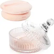 2Pcs Extra Large Body Powder Puff & Luxury 6" Glass Jar Dusting Powder Container with Puff for Women Bath Powder Puffs Perfect for Talcum or Loose Powder (Beige)