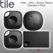GENUINE Tile Mate + Slim + Sticker Bluetooth Tracker Essentials 4 Pack Black