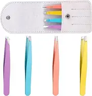 Qianyu Mini Portable Eyebrow Tweezers Set Professional Stainless Steel Outdoor Travel Tweezers Slant Tip and Pointed Precision Eyebrows Tweezers Very Precision for Facial Hair Removal