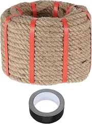 sourcing map Jute Rope 0.8 Inch x 85ft, Heavy Natural Thick Twisted Rope with Black Tape for Crafts Railing Docks Tug of War Swing Nautical Landscaping