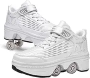 [RDJSHOP] Roller Skating Roller Skates Shoes Kids Adults Multifunctional Deformed Shoes Retractable Skateboarding Rollerblades for Unisex Beginners Gift,White-4.5
