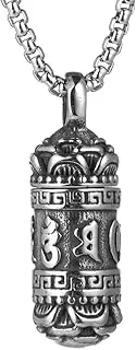 [HZMAN] Tibetan Buddhism Meditation Stainless Steel Pendant Commemorative Cremation Ashes Pill Cylinder Container Necklace 22+2 Inch Chain