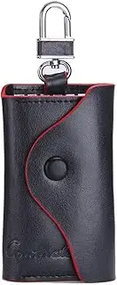 [Contacts] Leather Key Case Mens Small Car Key Chain Cover with Keyring Key Fob Key Organizer Trifold Key Wallet Black