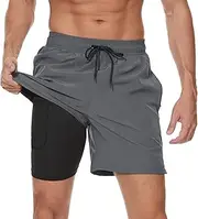 [Arcweg] Mens Swim Trunks with Compression Liner 2 in 1 Beach Swimming Trunks Quick Dry Swim Shorts with Zipper Pockets