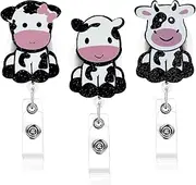 Gjinxi 3 PCS Cow Badge Reel Clips, Retractable Badge Holder Cute ID Name Card Holders with Swivel Clip, Arcylic Nurse Badge Reel for Office School Nurse Doctor Worker Student Teacher