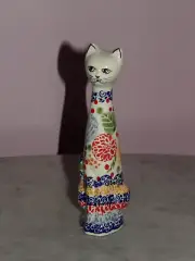 Polish Pottery Med Cat Figurine! UNIKAT Signature Paper Lanterns Pattern!