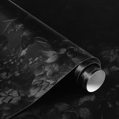 Black Wallpaper Peel and Stick Floral Textured Wall Paper 17.3inch x 393.7inc...
