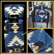PENDLETON Plush Sherpa Fleece Aztec Southwest Boho Throw BLANKET 50x70 Blue Tan