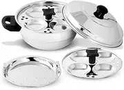 KSJONE Stainless Steel 4 pcs Multi Kadai (Induction Friendly) with Stainless Steel lid, 2 idli Plates (8 Idlis), 1 patra Plate, Silver