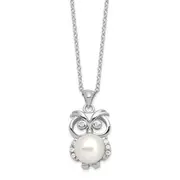 Sterling Silver Rhodium-Plated Cz 8-9mm White Button Fwc Pearl Owl Necklace
