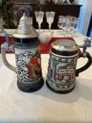 2 Handpainted German Beer Steins, Pewter Lid