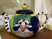 New Blue Sky Clayworks Clancy Cat Zebra Ceramic Teapot Lynda Corneille Artist