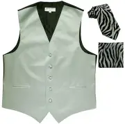 New Men's Formal Vest Tuxedo Waistcoat & silver zebra Necktie & Hankie