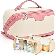 Travel Makeup Bag - Large Capacity Cosmetic Bag for Women, PU Leather Waterproof Lay Flat Toiletry Bag with Handle and Divider Open, Portable Makeup Organizer for Travel (Pink)