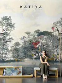 在飛比找Yahoo!奇摩拍賣優惠-Katiya北歐手繪熱帶雨林風景壁紙客廳沙發電視背景墻無縫壁