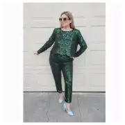 NWT NONCHALANT Women Green Sequin Pant and Top Set Crew Neck Long Sleeve Size L