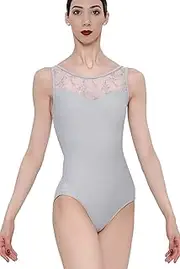 [Wearmoi] Wear Moi LEO058LGRXS Women's Ballet Camisole Leotard, Double Strap, Floral Print, Stretch Tulle (XS Size) Light Gray