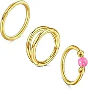 [LAURITAMI] 3PCS Nose Rings Hoops 18G Stainless Steel Opalite Nose Rings Gold Sliver for Women Double Nose Hoop 8mm/10mm Septum Rings Clicker for Cartilage Daith Helix Tragus Conch Piercing Jewelry