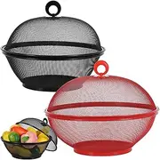 Hicarer 2 Pcs Summer Mesh Fruit Basket with Lid Fruit Cover Protective Fruit Holder Countertop Wire Fruit Bowl Metal Vegetable Strainer Kitchen Accessories for Kitchen Food Vegetable (Black, Red)