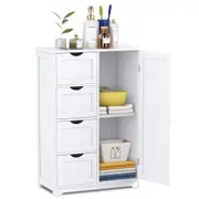 Costway Bathroom Cabinet Wooden Storage Cupboard Toilet Organizer w/4 Drawers & Door, Kitchen Hallyway Living Room, White