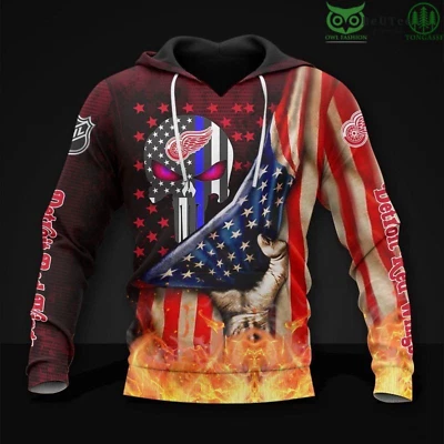 NEW! Detroit Red Wings Blazing Skull Hoodie Thin Blue Line Flag Christmas Gift