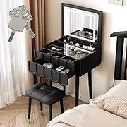 Vanity Desk with Flip Top Mirror,Compact Dressing Table with 2 Drawers & Stool & LED Mirror,White/Black,Frenchh(Black,50cm)
