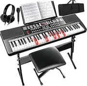 AQNIEGEP 61 Key Electric Keyboard Piano for Beginners & Adults w/Light-Up Keys, Full Set: Stand, Bench, Headphones, Padded Bag, Note Stickers, 70 Demos, 200 Rhythms/Tones, LED Display, Teaching Modes