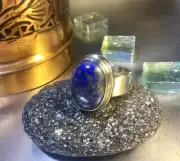 Genuine 925 Sterling Silver Natural Lapis Lazuli Gemstone Adjustable Ring Size 9