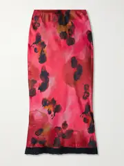 [Victoria Beckham] Victoria Beckham - Lace-trimmed Floral-print Silk-satin Midi Skirt - Red - UK 10 UK 10 Red