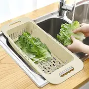 MineSign Extendable Over The Sink Colander Fruits and Vegetables Washing Basket Adjustable Strainer Sink Dish Drying Rack for Kitchen (Beige)