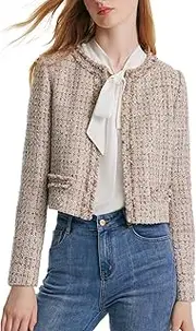 [GOELIA] Tweed Cropped Blazer Jacket for Women Open Front Long Sleeve Slim Fit Business Casual Blazer