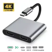 Grey USB 3.0 4 in 1 Type C to Dual HDMI Converter Adapter For Cell Phones