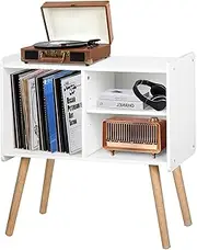 [Possile] Mid-Century Record Player Stand, Vinyl Record Cabinet Holder with Storage Up to 100 Albums, Record Player Table for Living Room Bedroom Office, Turntable Stand with Wood Legs, White
