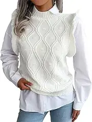 [Generic] Ladies' Stylish Diamond Knit Pattern Sleeveless Sweater Vest with Ruffle Details and Round Neck