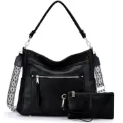 Hobo Bags for Women,Medium Vegan Leather Handbag with Wallet Pouch Set Black