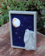 Needle Felted moon gazing hare picture, textile art, fibre art