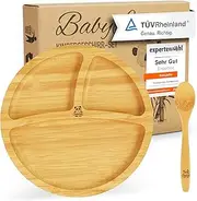 Bamboo Children's Plate with Suction Cup and Baby Cutlery | Complementary Food Accessories | Montessori & Baby LED Weaning Suitable | Tested Bamboo Plate for Babies and Toddlers | Melamine & BPA Free
