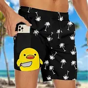 Men's Coconut Tree Funny Duck Lined Shorts 2 in 1 Board Shorts Swim Shorts Mid Waist Hawaiian Vacation Beach Wear Side Pockets With Compression Liner Elastic D