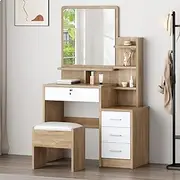ALFORDSON Dressing Table and Stool Set, Wood White, Makeup Vanity Desk with Mirror, Shelves & Side Cabinet, Dresser Organiser with Matching Chair for Bedroom Dress Room