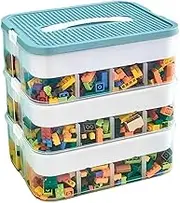 Storage Bin, Stackable Organizer Storage with Adjustable Compartments and Bricks Baseplate Lid, Portable Craft Box for Building Blocks Puzzle Board Game Chest, 30.5 * 23 * 12.5cm, Green