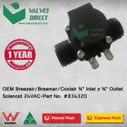 OEM Breezair/Braemar/Coolair 3/4" Inlet x 3/4" Outlet Solenoid 24VAC #834320