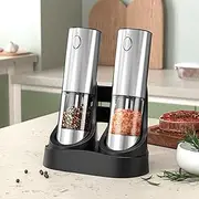 GHOST MONKEY Electric Salt and Pepper Grinder Set Rechargeable Salt/Pepper Grinder with Charging Base and LED Light, Adjustable Coarseness, Large Capacity, One-Handed Operation Salt Pepper Mills