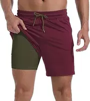 [FT FENTENG] Mens Swim Trunks with Compression Liner 7" Board Shorts with Zipper Pockets 2 in 1 Quick Dry Bathing Suits