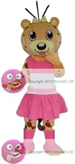 SpotSound Amazon mascot gray koala, with a red dress with white polka dots