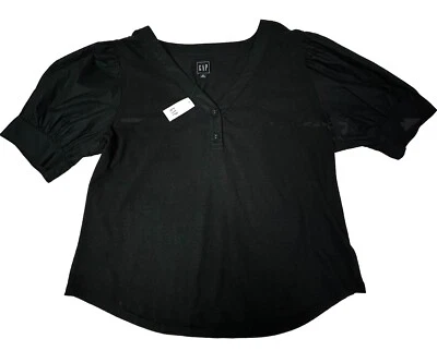 Gap Peasant Hemp Top Women’s XL Black Balloon V-Neck Button Pullover Boho NWT
