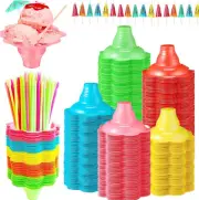 Huaerle 300 Pieces Colorful Snow Cone Cups Shaved Ice Cups with Spoon Straws and