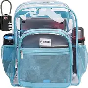 [SHYLERO] Clear Backpack Heavy Duty has TSA Lock, 2-WAY Zipper. PVC Transparent Backpack Is Extra Large - H18''xW14''xD8, Transparent Turquoise Rhino, X-Large, Backpacks